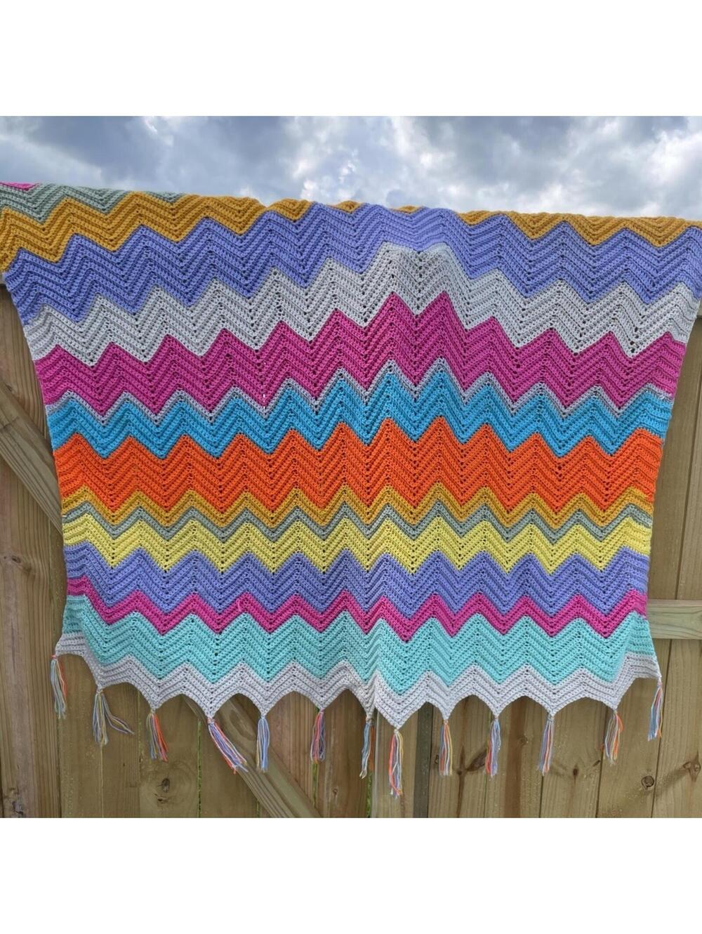 59.5 X 45 Inch Multicolored  Crochet  Tassels Blanket Stripes Purple Pink Silver